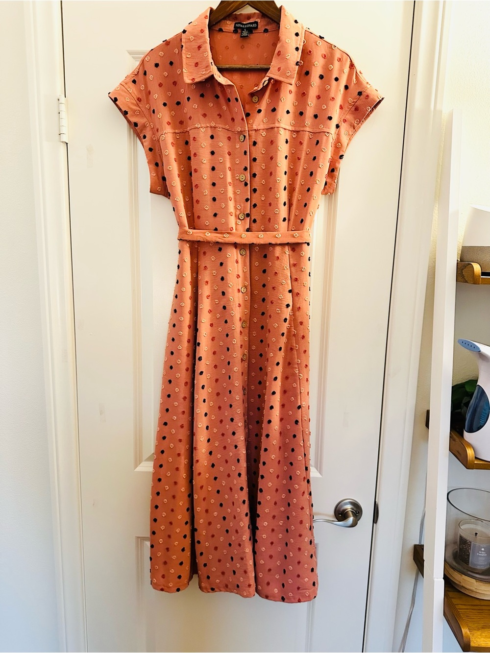 Nina Leonard Rust-Orange Polka Dot Midi Shirt Dress